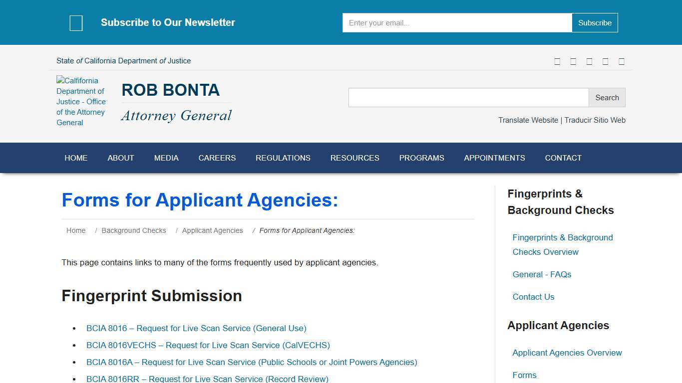 Forms for Applicant Agencies: State of California - Department of Justice - Office of the Attorney General